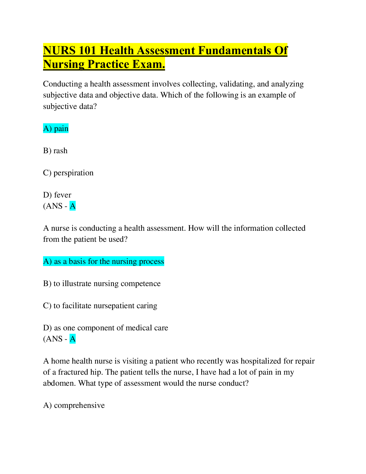 Preview of NURS 101 Health Assessment Fundamentals Of Nursing Practice Exam. Questions & Answers